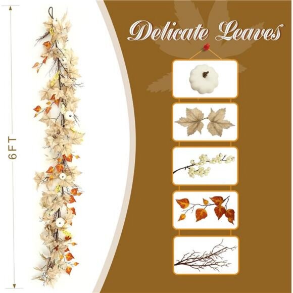 Fall Leaves Garland for Mantle, Autumn Leaf Garland with White Pumpkins - Picture 2 of 7